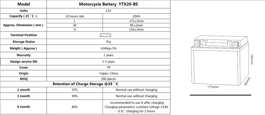 TCS Motorcycle Battery Dry Charged Mf Lead Acid YTX20-BS